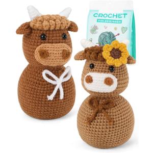 CiyvoLyeen Highland Cow Crochet Kit for Starters Animals Crochet Kit with Step-by-Step Video Tutorials Learn to Crochet Kits Gift Stuffs Crafts for Adults Cattle Lovers DIY Knitting Supplies Set of 2 (Brown)