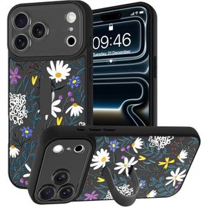 for iPhone 17 Pro Max Case with Finger Strap Kickstand, Cute Flower Leaves Pattern with Stand for Girls Women, Full Camera Protection Shockproof TPU Bumper Hard Back Cover, Grey Floral