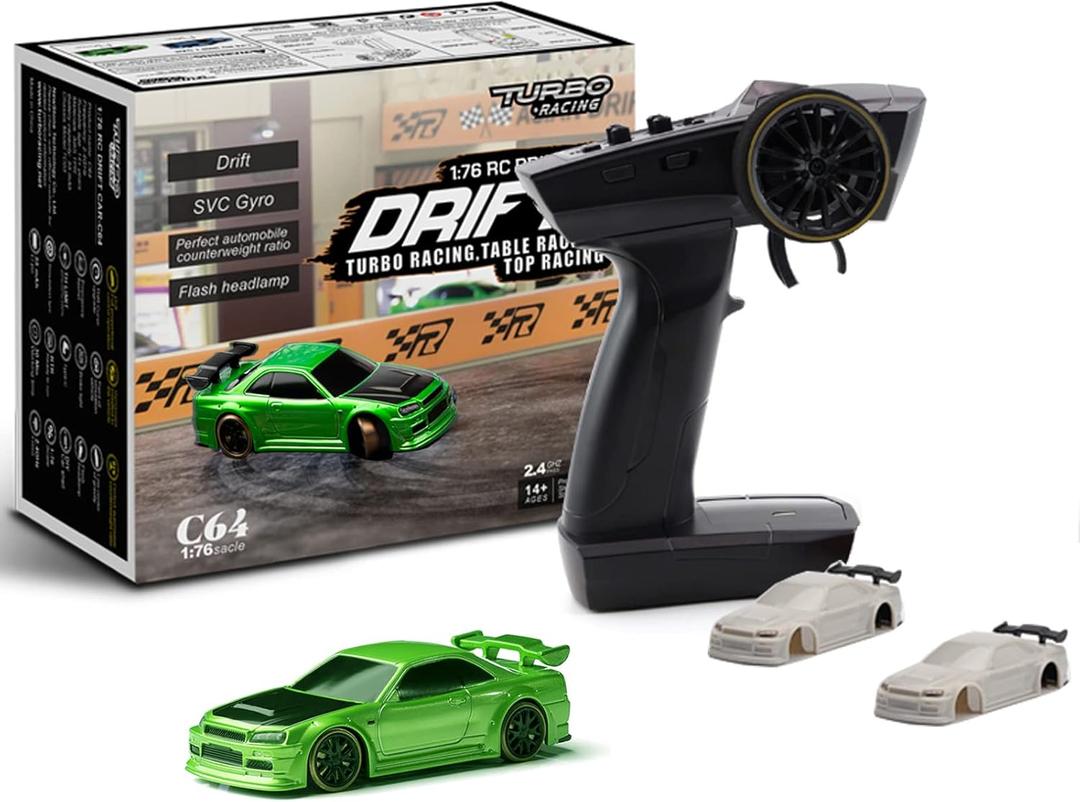 Turbo Racing 1:76 Scale Drift RC Car with Gyro Mini Full Proportional RTR 2.4GHZ Remote Control with 2 Replaceable Body Shell (C64-Green)