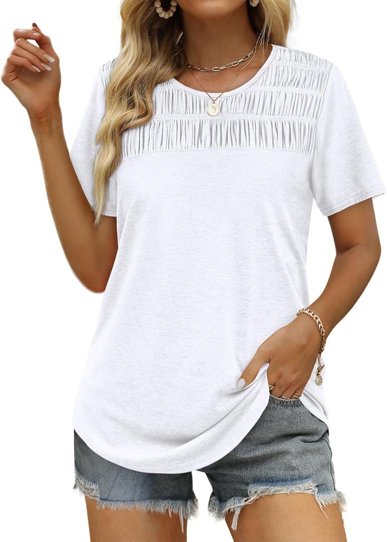 OFEEFAN Women's Summer Tops 2025 Trendy Short Sleeve Shirts Smocked Crewneck Tee (3X-Large, B-white)