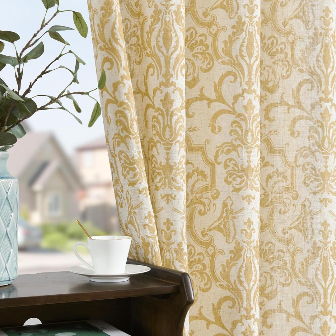 jinchan Curtains for Bedroom, Light Filtering 84 Inch Length 2 Panels Set, Farmhouse Style Linen Blend Drapes Living Room, Vintage Damask Curtains, Grommet Top Mustard Yellow on Flax, W52" X L84"