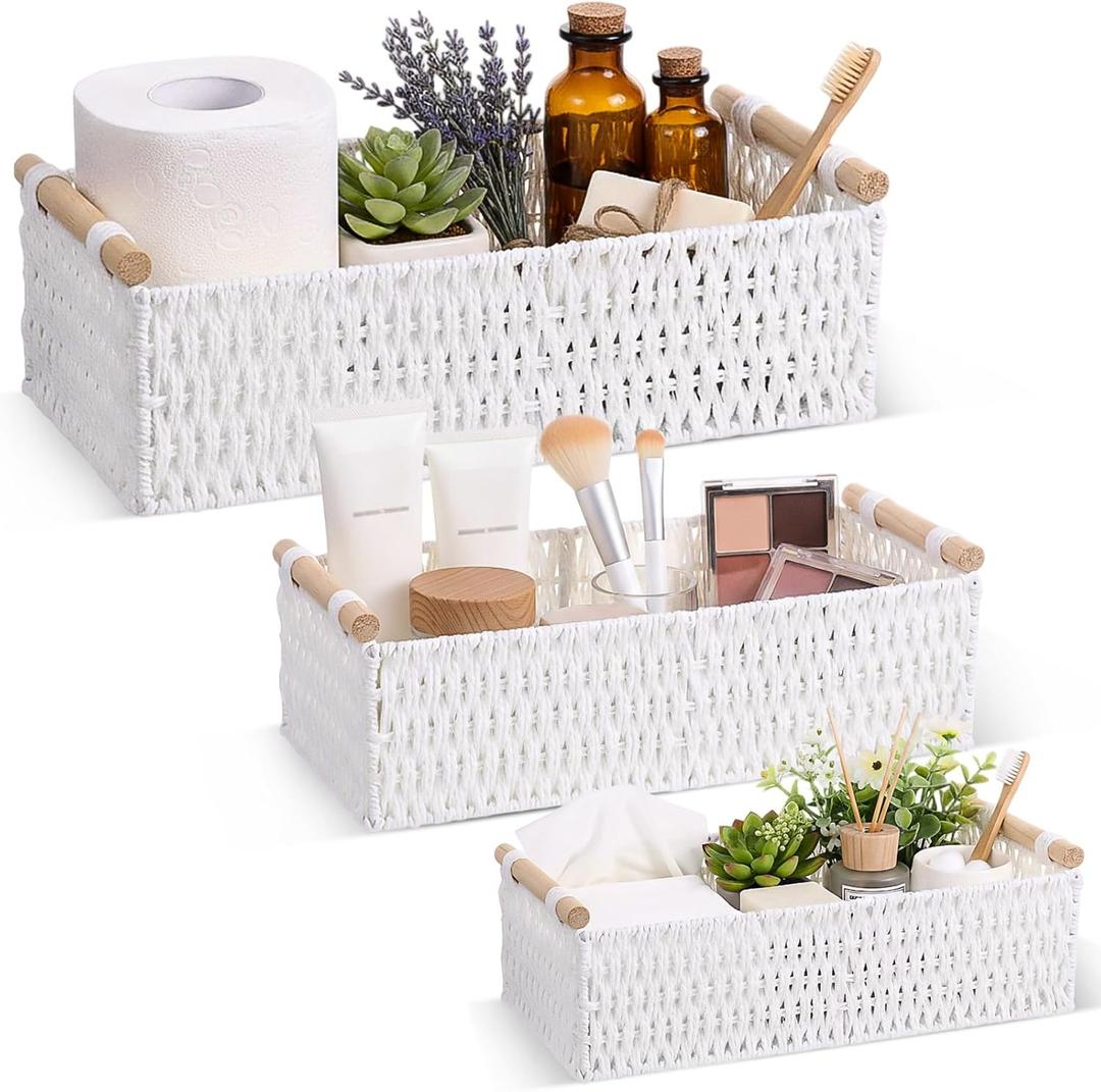 Boao 3 Pcs Boho Storage Wicker Baskets Handmade Woven Decorative Paper Rope Baskets for Organizing with Handle Countertop Toilet Paper Storage Container for Toilet Tank Top(White, Rectangle)