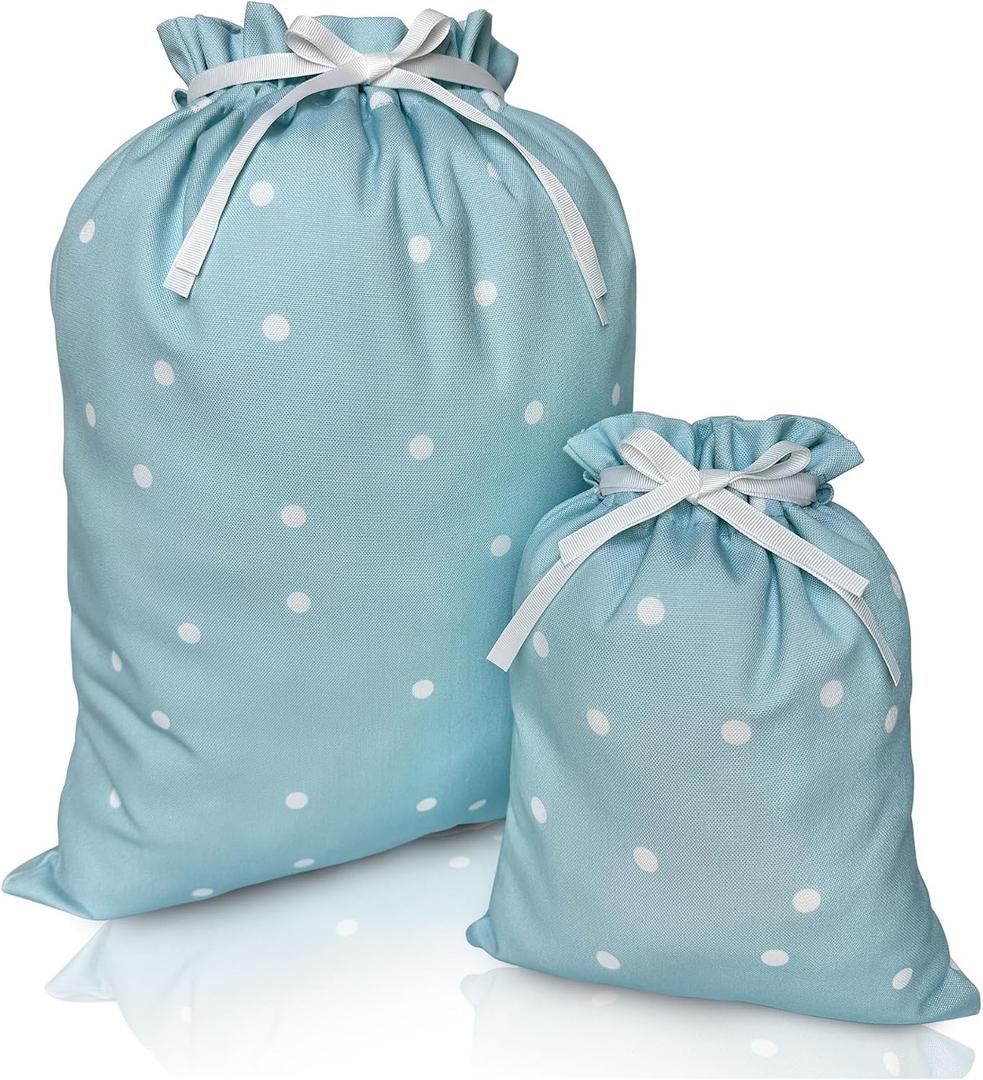 Gather & Knot Drawstring Gift Bags | 20" Large 12" Small | Premium Canvas | Reusable Fabric Wrap for Baby Shower, Birthdays, Hannukkah, Christmas | Blue Dots