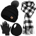 Winter Hat Scarf Gloves and Ear Warmer, Knit Warm Beanie Hat Touch Screen Gloves Long Knitted Plaid Scarf Set Gifts for Women (Black)
