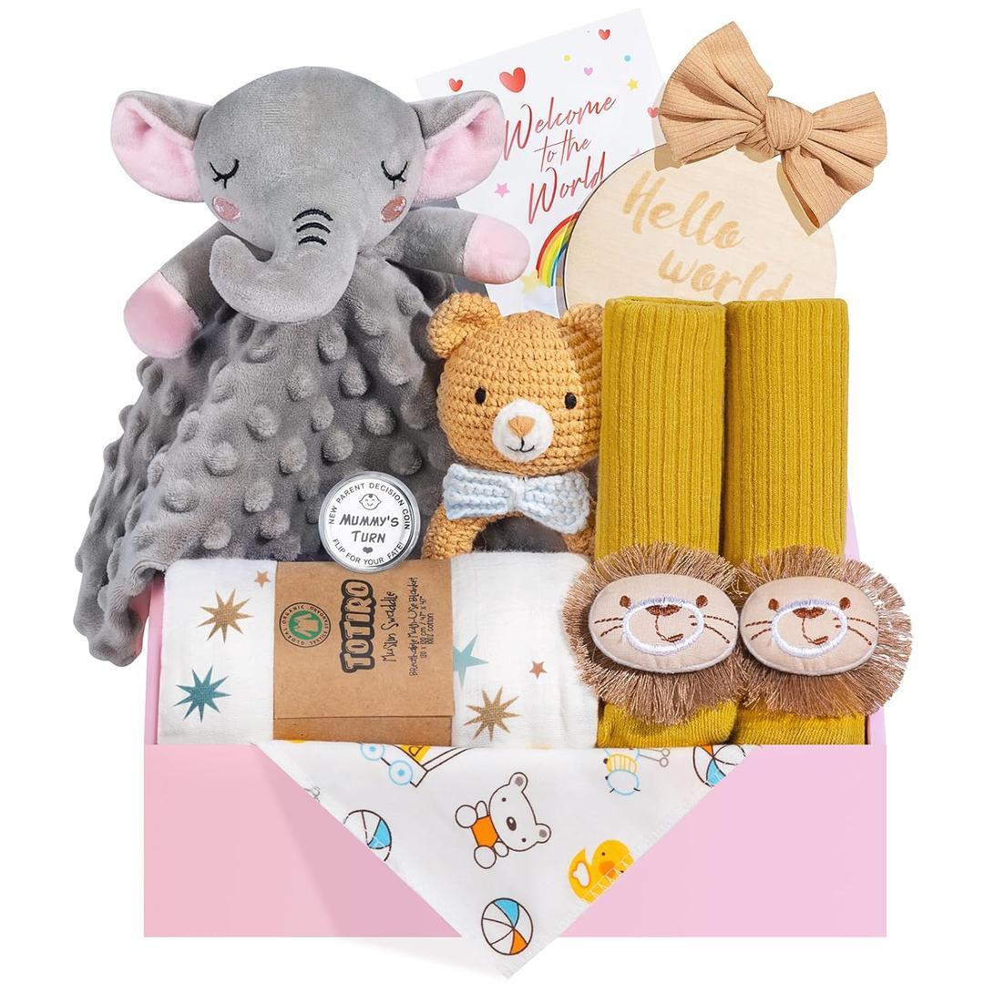 Newborn Baby Girl Gift, 9 Pcs Baby Gift for Girls Newborn Essentials, New Baby Girl Gift Basket Baby Shower Gender Reveal Gifts, New Mom Gift Swaddle Blanket Bear Rattle Gift Set, Khaki