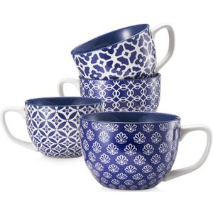 DOWAN Coffee Mugs Set of 4, 24 oz Large Coffee Mugs, Jumbo Soup Mugs With Handles, Ceramic Coffee Cups for Coffee Cereal Latte for Men Women, Housewarming Wedding Gift, Vintage Blue