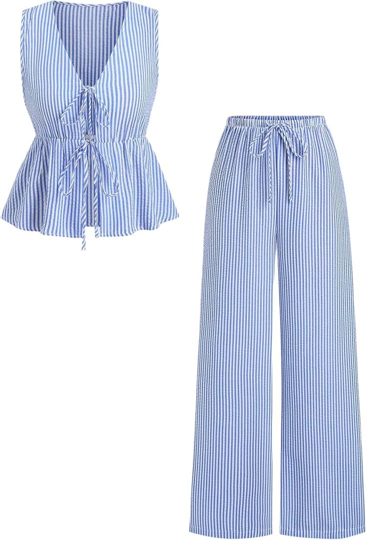 SweatyRocks Women's 2 Piece Outfits Striped Bow Tie Front Sleeveless Peplum Top and Pants Sets Blue Medium