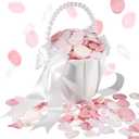 Wedding Flower Girl Basket with 300 Pieces Artificial Pink Silk Rose Petals, Flower Girl Baskets for Wedding, Pearl Handle and Ribbon Bow Wedding Basket for Romantic Wedding Ceremony Party Decoration