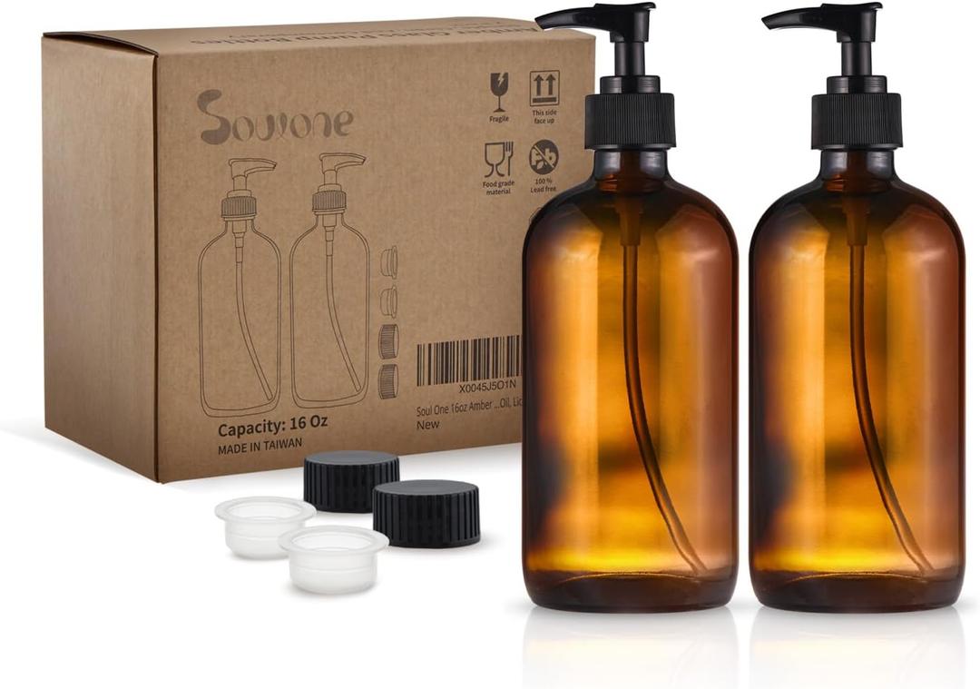 16oz Amber Glass Hand Soap Dispenser, 2 Pack - Thick Pump Bottles for Bathroom, Kitchen, Countertop - Refillable Brown Bottles for Shampoo, Conditioner, Lotion, Oil, Liquid, Set of 2