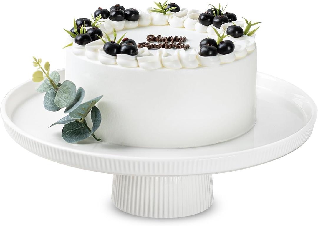 13 Inch Ceramic Cake Stand with Pedestal - White Round Cake Plate for Dessert Table Display, Elevated Cupcake Stand for Wedding, Birthday, Baby Shower, Tea Party, Holiday Entertaining