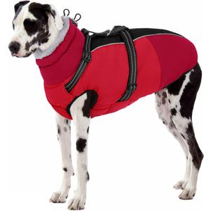 SUNFURA Dog Coat, XXXL Dog Jacket with Harness Built in, Waterproof Pet Winter Coat Snowsuit with Zip, Reflective Fleece Jacket for Extra Large Dogs, Great Dane, Red 3XL