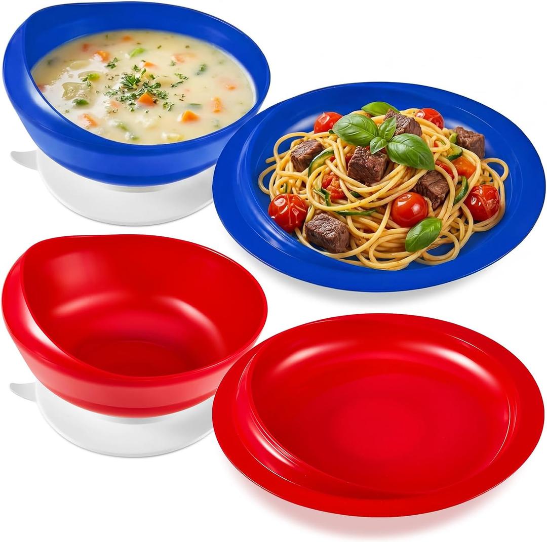 Hushee 2 Sets Adaptive Spill Proof Scoop Bowl and Plate Set with Suction Base Non Skid Self Feed Suction Dinnerware for Elderly Disabled Handicapped from Parkinsons Tremor (Red and Blue)