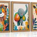 Framed 3Pcs Safari Animal Nursery Canvas Wall Art Cute Watercolor Elephant Giraffe Lion Pictures Wall Decor Colorful Jungle Animals Posters Painting Prints for Kids Room Baby Boys and Girls Room, 24L''x16W''