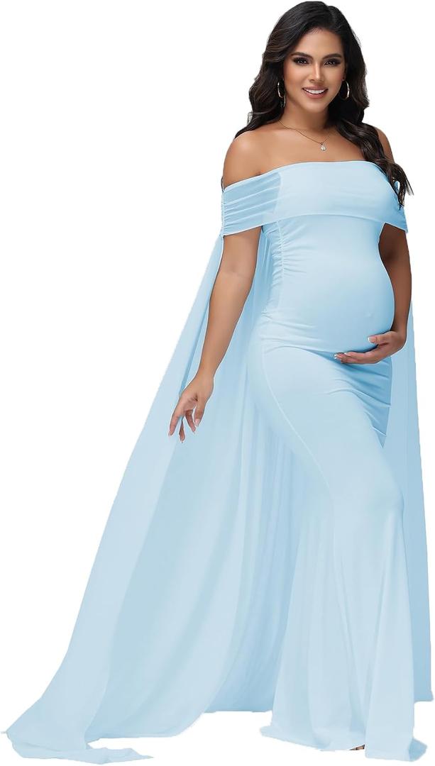 Women's Maternity Mesh Off Shoulder Chiffon Maxi Photoshoot Dress for Baby Shower Cloak Outfit Maxi Photography Gown S
