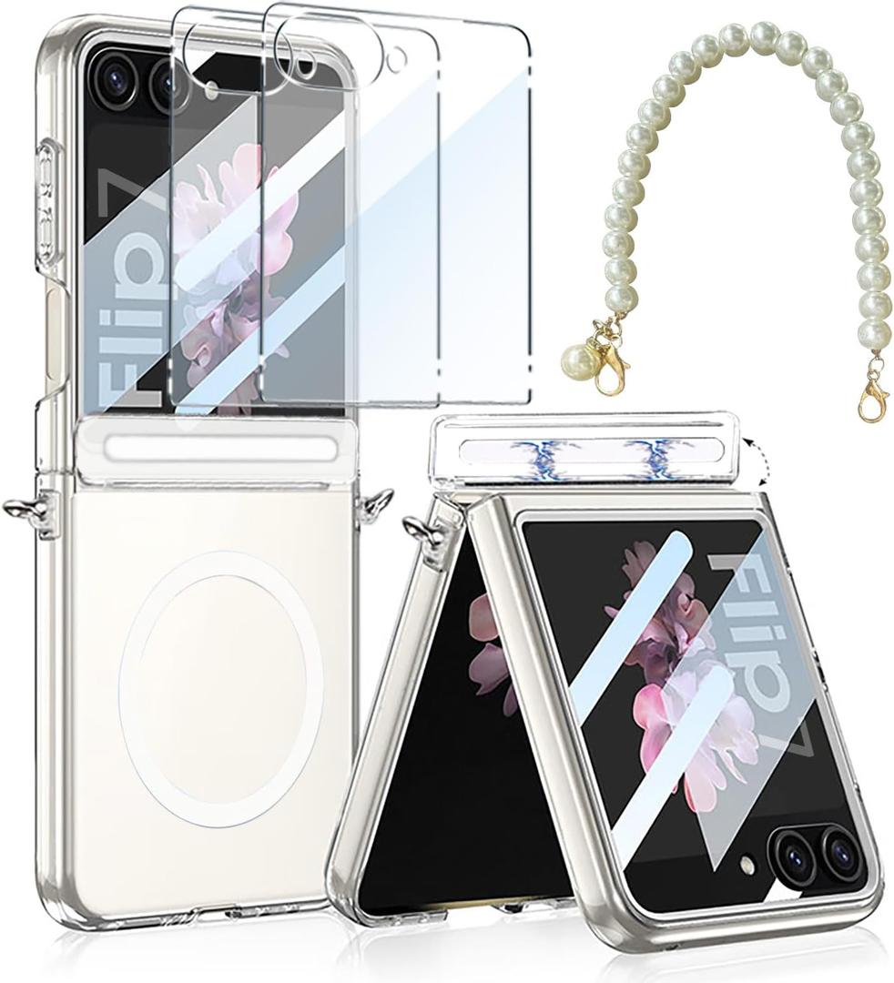 TOPF&B Magnetic Case for Samsung Galaxy Z Flip 7,Compatible with Magsafe,Magnetic Hinge Protection,Anti-Yellowing Cover,Transparent Screen Protector,Clear Case for Z Flip 7 with Strap,Crystal Clear