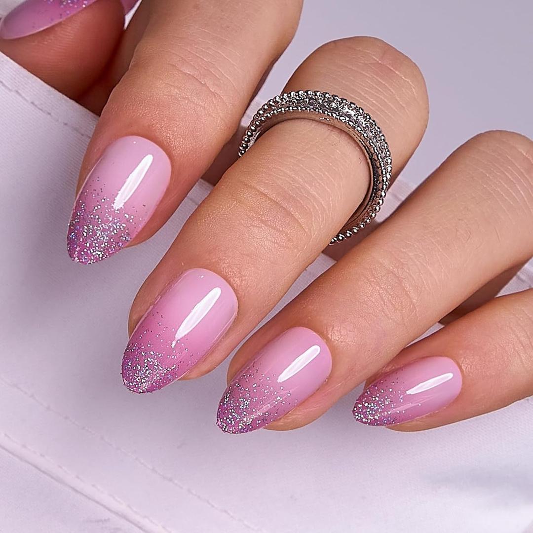 Curvlife 30pcs Press on Nails, Acrylic Fake Nail with Apricot Design, Full Cover False Nails Tips Glossy Nude Glue on Nails Artificial Stick on Nails for Women (ombre glitter tips, Medium)