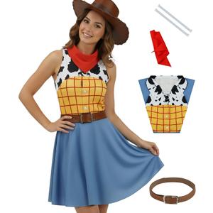 Womens Jessie Costume Dress Cowgirl Tank Dress with Belt Halloween Cosplay Outfit for Female (L)