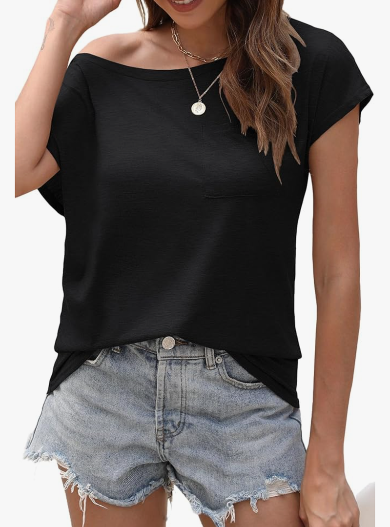 Halife Women's Off Shoulder Tops Boat Neck Short Sleeve T Shirts with Chest Pocket
Size M