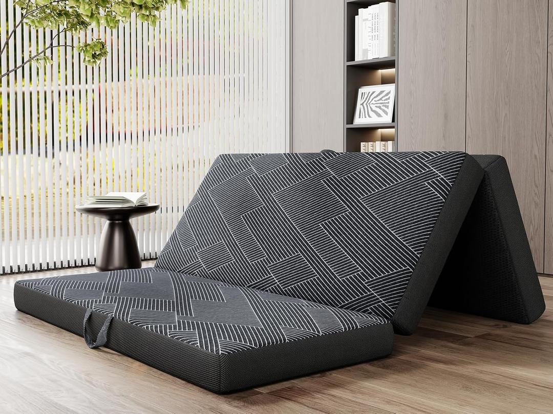 Vamcheer Tri Folding Mattress, 4 inch Full Foldable Mattress, Tri-fold Memory Foam Mat with a Collapsible and Washable Cover, Handle & Non-Slip Bottom, for Travel/Guest, 73"x52"x4", Grey