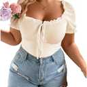 SOLY HUX Women's Plus Size T Shirts Frill Tie Front Sweetheart Neck Tee Puff Short Sleeve Summer Tops Size L No Tag