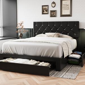 VECELO Queen Size Bed Frame with 3 Storage Drawers, Leather Upholstered with Diamond Tufted Headboard, Solid Wood Slat Support & Steel Framework, PU & Black