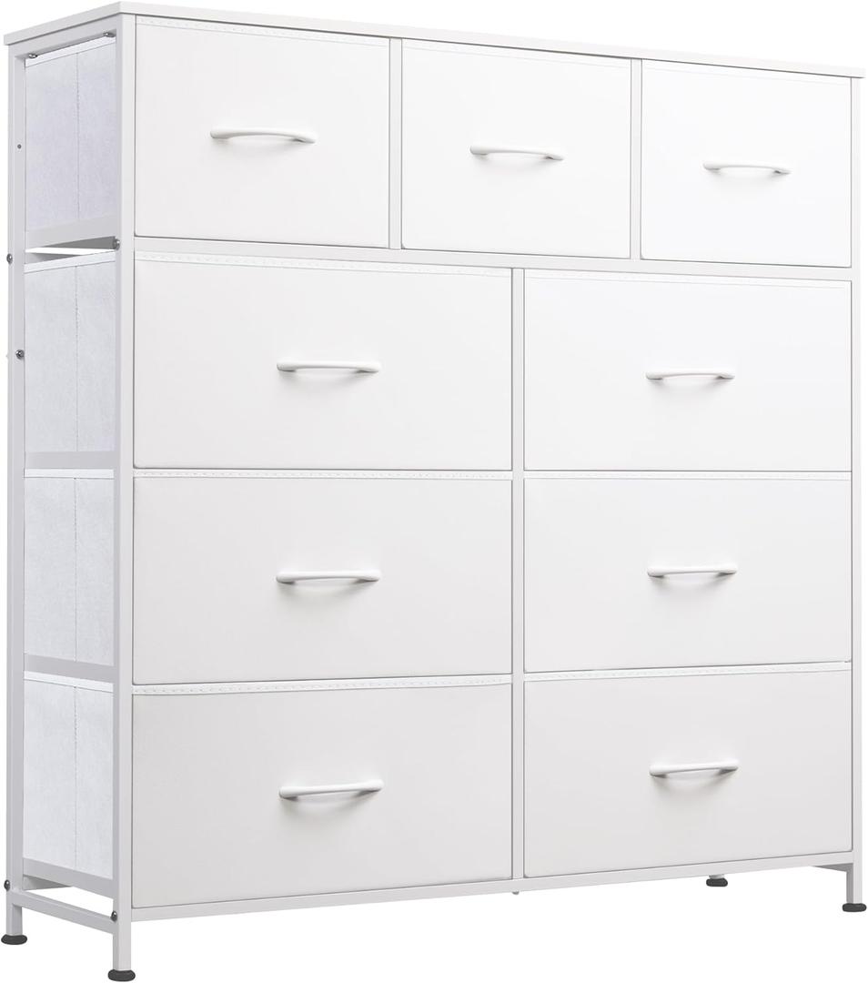 WLIVE Tall Dresser for Bedroom, 9 Drawer Chest of Drawers, White 9 roomy fabric drawers, Tall storage design, Bedroom or closet use, Sturdy steel frame, Smooth wood tabletop, White