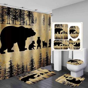Camille&Andrew 4PCS/Set Black Rustic Bear Shower Curtain, Country Farmhouse Mother Bear & Cute Baby Bears Wild Animal Bathroom Decor, Soft Fabric Bath Curtain, Non-slip Bathroom Mat Bath Rugs, Style 3