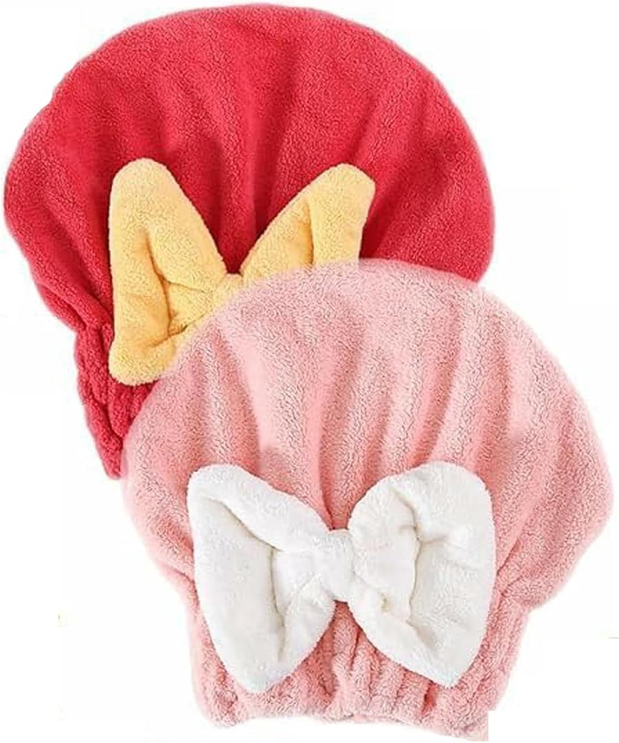 2 Pack Super Absorbent Hair Towel Wrap for Wet Hair, Super Absorbent & Quick-Drying, Thickened Soft Bow Tie Towels for Wet Hair (Red & Pink)