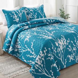 Andency Teal Blue Quilt King Size (106x96 Inch), 3 Pieces Floral Lightweight Bedding Set, Microfiber Reversible Flower Quilted Bedspread Coverlet with 2 Pillowcases for Men Women