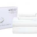 Royale Linen 400 Thread Count 100% American Grown Cotton 4 Piece Sateen Queen Sheet Set - 1 Fitted Sheet, 1 Flat Sheet, 2 Pillow case - White Queen Bedsheet - Cotton Sheets - (Queen, Signature White)