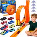16-Ft Flexible Race Track Set for Kids, DIY Roll-Up Racetrack with 2 Launchers & 6 Mini Cars, Suction-Cup Portable Track Compatible with 1:64 Die-Cast Cars, Indoor & Outdoor Orange