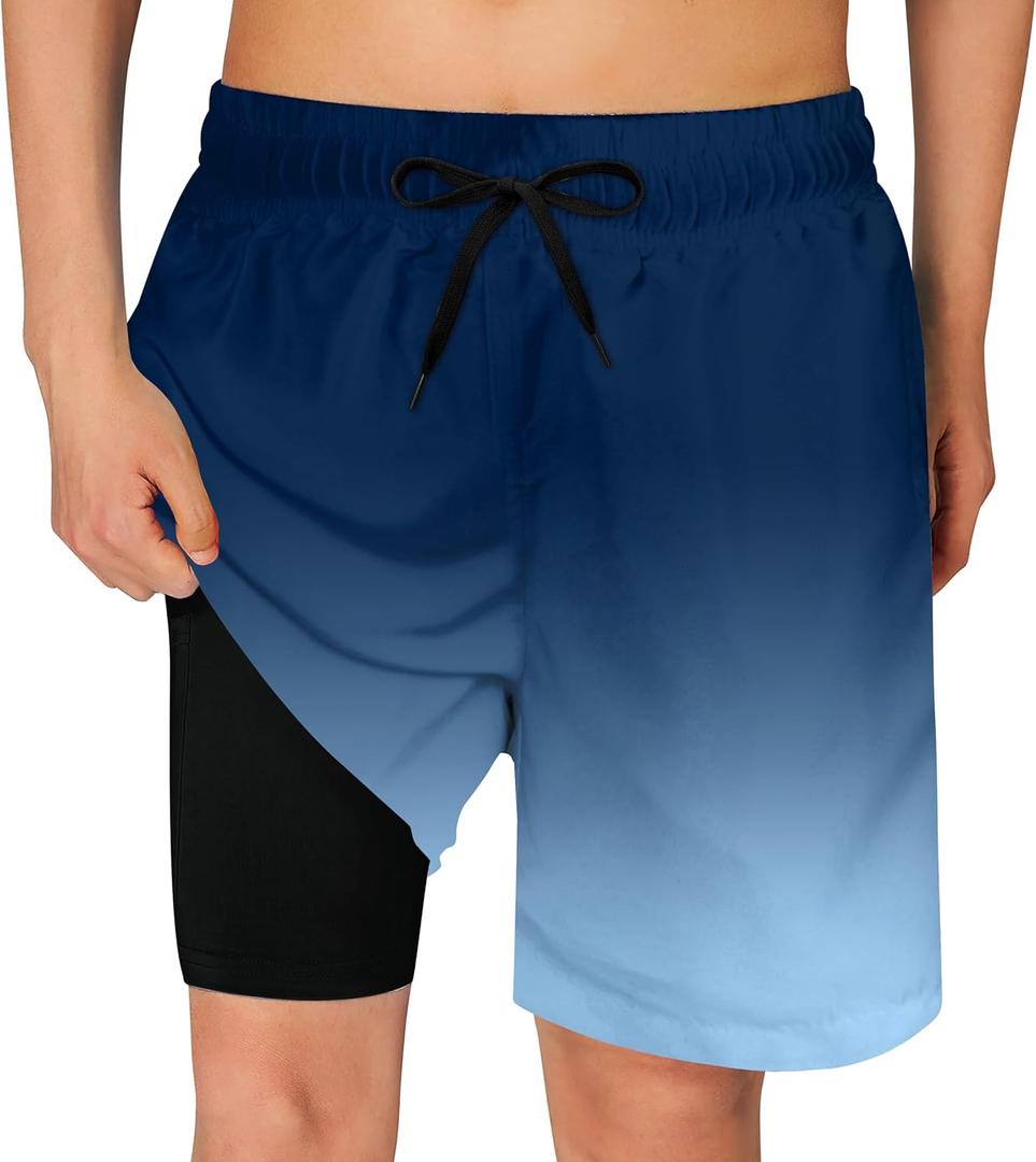 Cozople Boys Swim Trunks Compression Liner Swim Shorts Quick Dry Bathing Suit with Boxer Brief Swimwear 2-20T (7 Years, Gradient Dark Blue)