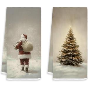 Christmas Hand Towels 2 Pack 16x24 Inches  Elegant Holiday Kitchen Towels with Snowy Christmas Tree and Santa Claus  Decorative Festive Dish Towels for Kitchen & Bathroom