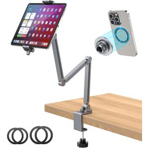 AboveTEK 2-in-1 iPad Stand for Desk, Aluminum iPad Holder Arm with Clamp & Magnetic Ring Head, 360 Adjustable Tablet Stand Holder, Bed Clamp Mount for 4.7"-13" iPads Air/Pro/Mini, Galaxy Tab & Phones Gray