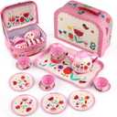 D-FantiX Kids Tea Set for Little Girls, 15Pcs Pink Tin Tea Party Set for Toddlers Afternoon Tea Time Playset with Metal Teapots Tea Cups Play Dishes Princess Toys Gifts with Carry Case