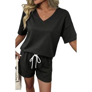 SHEWIN Women's 2 Piece Short Sets V Neck Short Sleeve T-Shirts and Drawstring Shorts Beach Vacation Outfits with Pockets (Black, S)