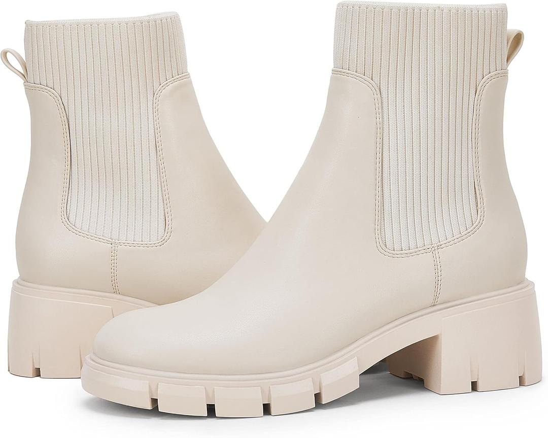 Ruanyu Womens Platform Ankle Boots Elastic Chunky Block Heel Chelsea Booties Lug Sole Non-Slip Combat Shoes (8, Beige White)