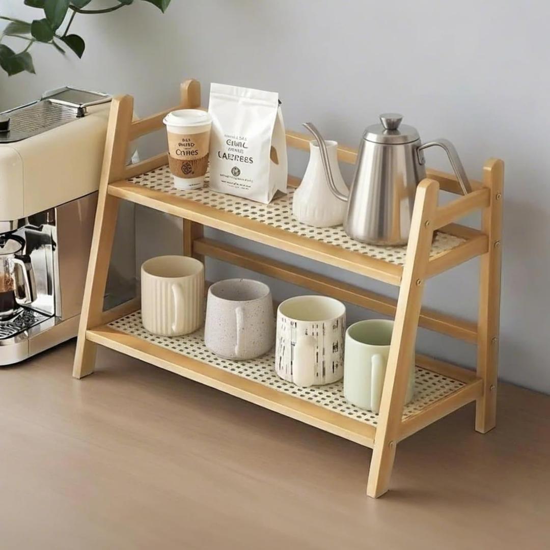 2-Tier Coffee Bar Organizer for Countertop, 15.35 x 6.88 x 11.22 Bamboo Mug Rack, Coffee Bar Accessories, Rattan Shelf for Kitchen, Office, or Matcha Station