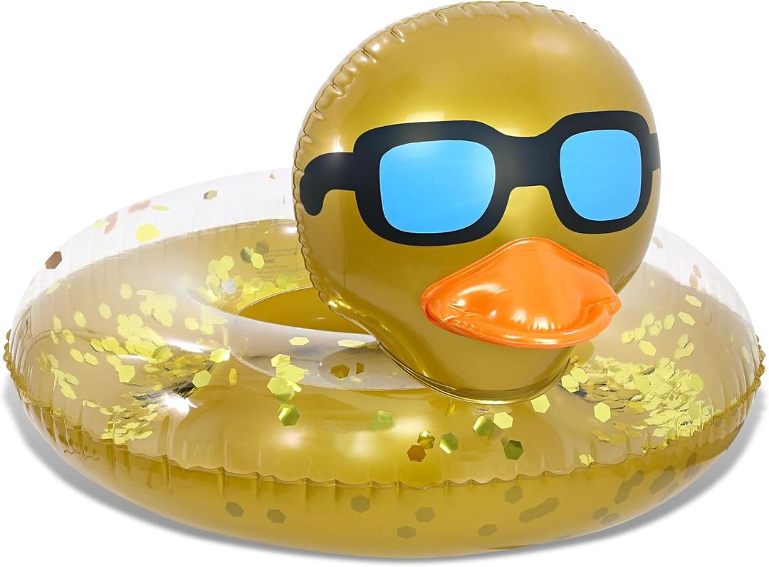 POZA Inflatable Duck Pool Float Tube- Heavy Duty Vinyl UV Resistant Confetti Pool Duck Floatie, Animal Pool Float Swim Ring Pool Inflatables for Kids and Adults for Beach, Party, Vacation (Gold)