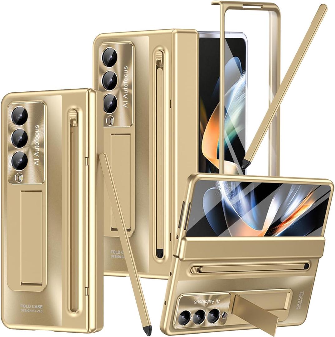 for Samsung Galaxy Z Fold 4 Case with S Pen Holder & Gold Stylus, Fold4 Hinge Protector Cover with Kickstand Built in Screen Protector Camera Protector Protective Case for Z Fold 4 Gold