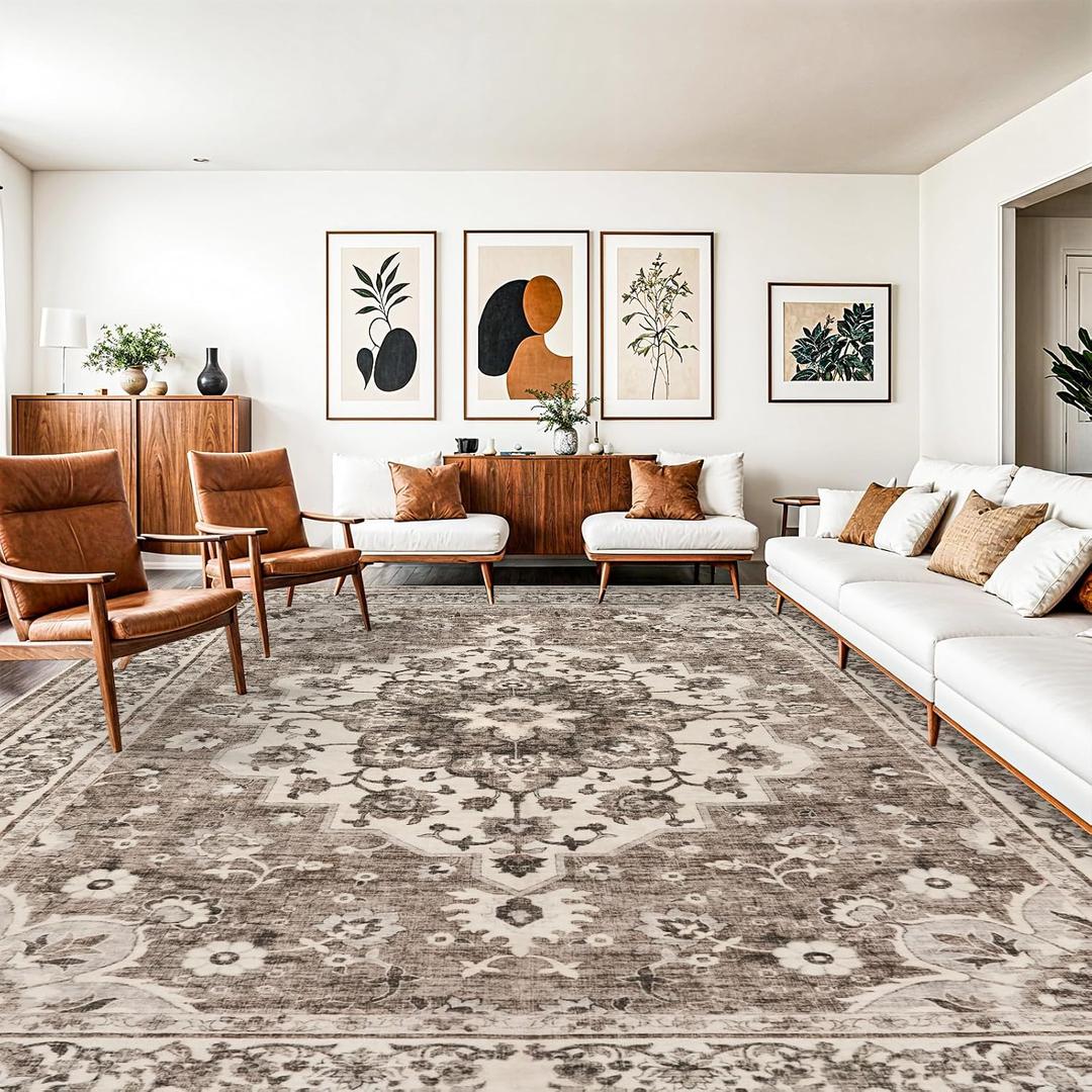 TOPRUUG Washable Oriental Area Rug - 10x14 Rugs for Living Room Soft Carpet for Bedroom Waterproof Floral Distressed Indoor Stain Resistant Non-Shedding Floor Carpets (Beige, 10X14)
