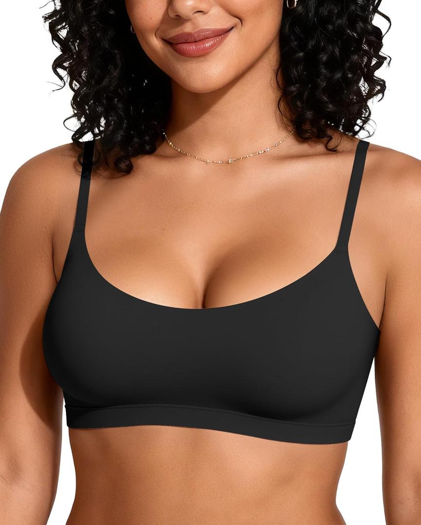 OEAK Womens Comfortable Bras No Underwire Cami Bra Seamless Unlined Bralettes Scoop Neck Unpadded Everyday Sports Tshirt Bra (Small, Black)