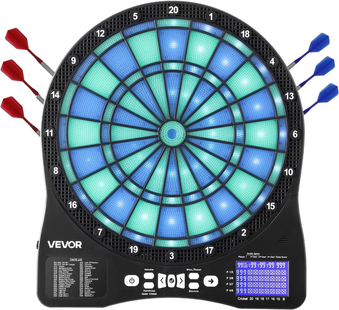 VEVOR Electronic Dart Board, LED-Illuminated Target Dartboard with 48 Games & 500+ Variations, Includes 6 Dart Shafts with Flights & 50 Soft Tips, Cricket Scoring LCD Screen - Supports Up to 8 Players