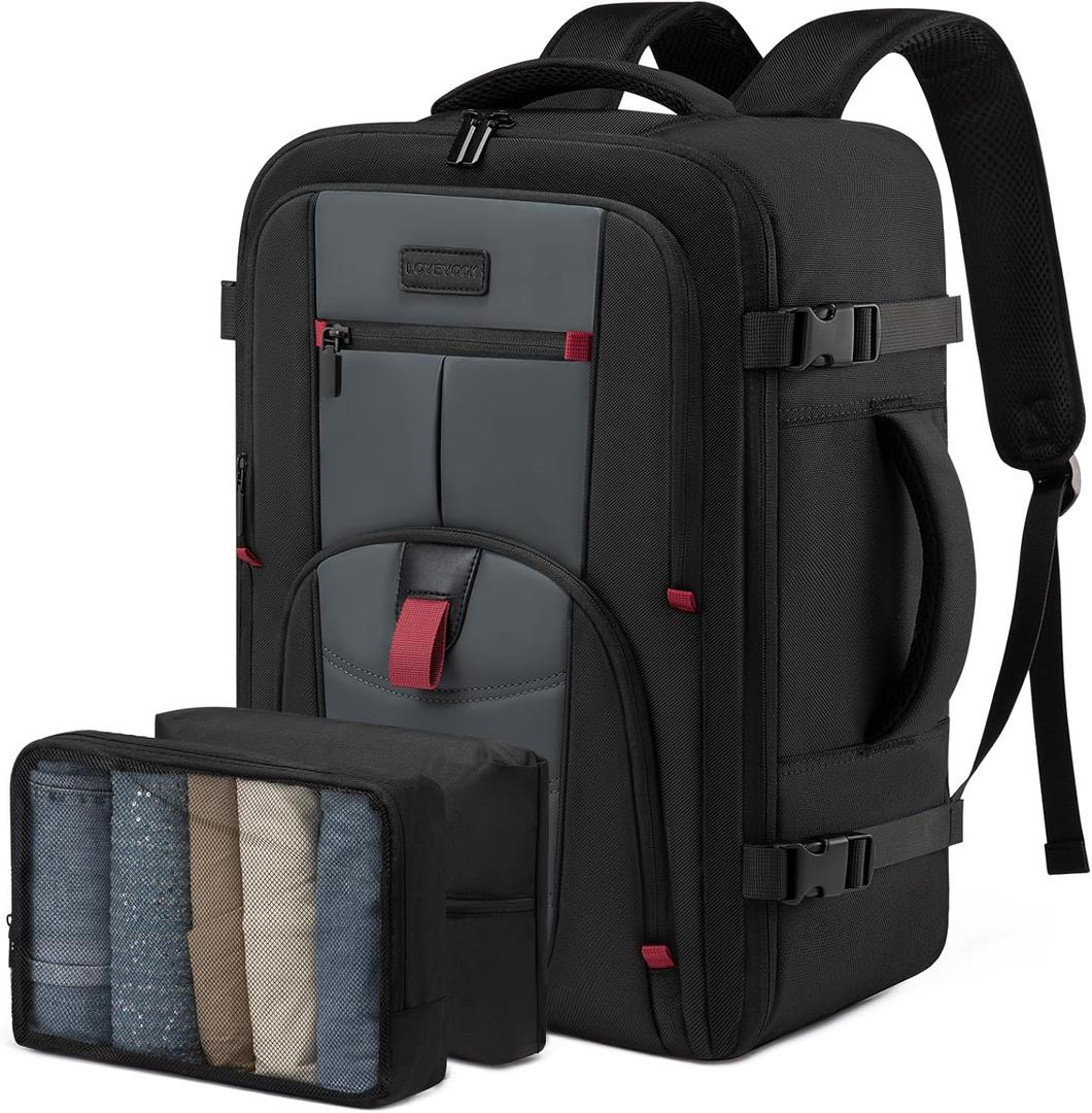 LOVEVOOK Travel Laptop Backpack for Men, 45L Large Carry On Backpack Personal Item Size, Airline Approved Waterproof Bookbag with 2 Packing Cubes Fits 17.3" Laptop, Black&Gray