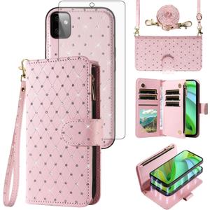 Asuwish Compatible with Motorola Moto G Power 5G 2023 Wallet Case Zipper Cell and Tempered Glass Screen Protector Crossbody Strap Glitter Flip Card Holder Phone Cover for GPower G5 Women Rose Gold (Pink)