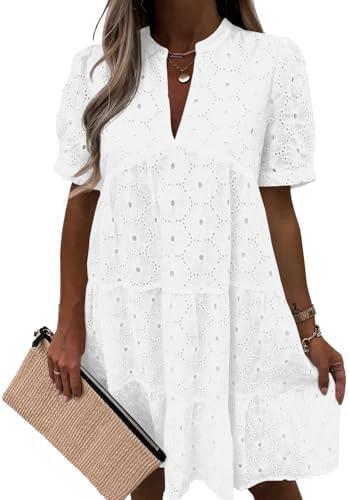 Imily Bela Womens Summer Lace Dresses Eyelet Casual Flowy Babydoll Swing Short Sleeve V Neck Tunic Dress, Size: Medium