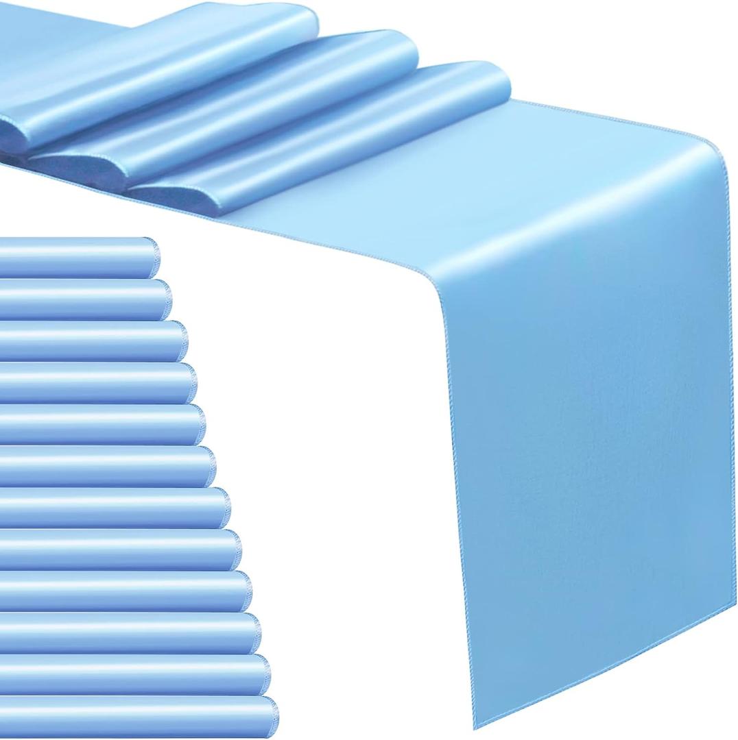 12 Pack Satin Table Runner 12 x 108 Inch Baby Blue Long Satin Table Runners for Wedding Banquet Graduations Birthday Party Decoration