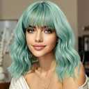Miuric Mint Green Wig for Women Short Bob Wigs with Bangs for Women Light GreenFunny Colorful Crazy Party Wavy Shoulder Length Synthetic Wig for Halloween Girl Cosplay Costume
