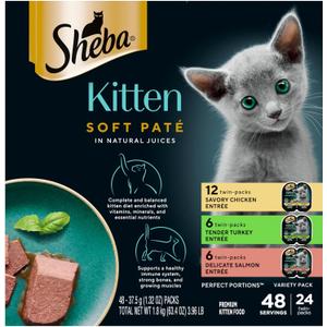 Sheba Perfect Portions Kitten Wet Cat Food Pate Chicken Entree, Salmon Entree, and Turkey Entree, 2.6 oz. Twin-Pack Trays (24 Count, 48 Servings), Best By: 12/10/2026