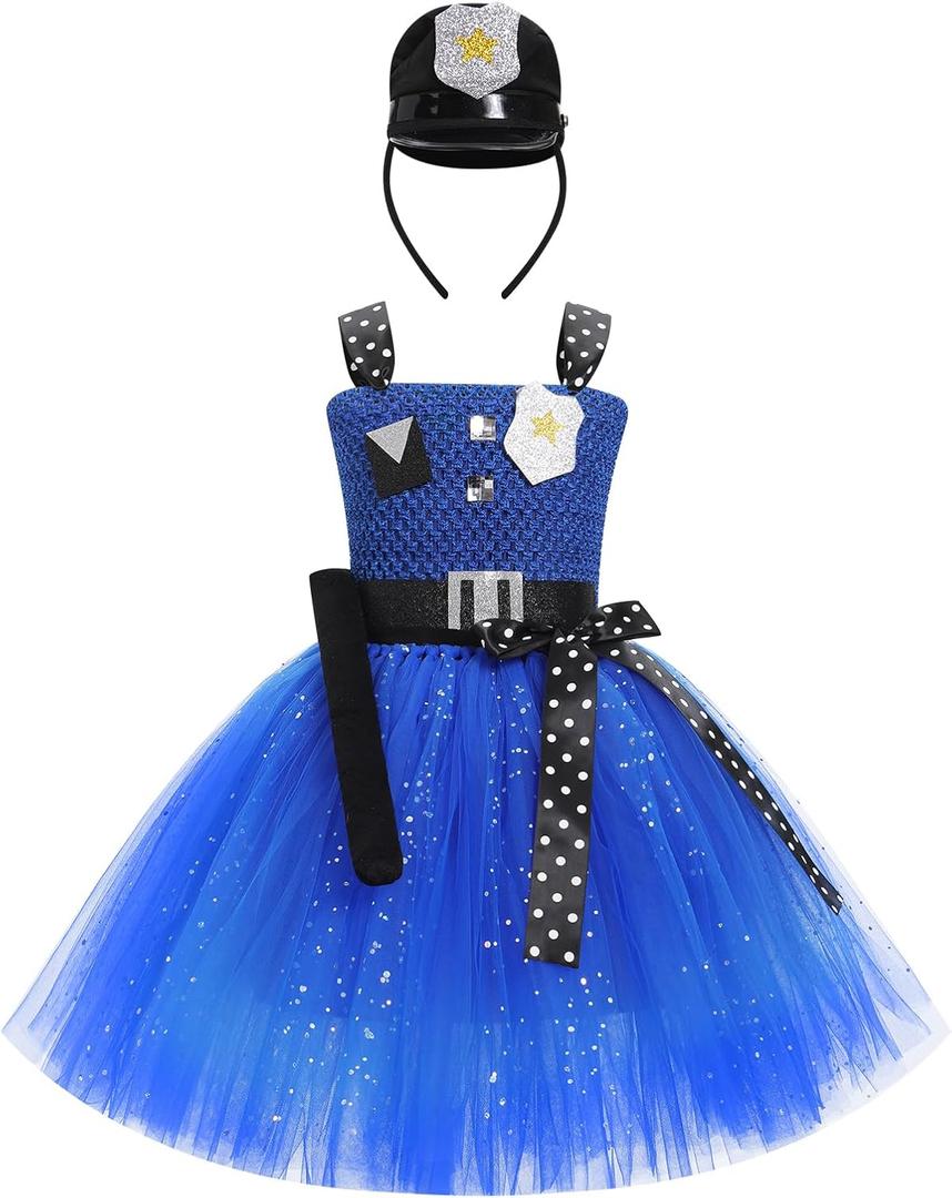 Girls Halloween Costume Rabbit Police Tutu Dress with Headband Police Officer Cosplay Costume Birthday Party Outfits (4-5 Years, Blue)